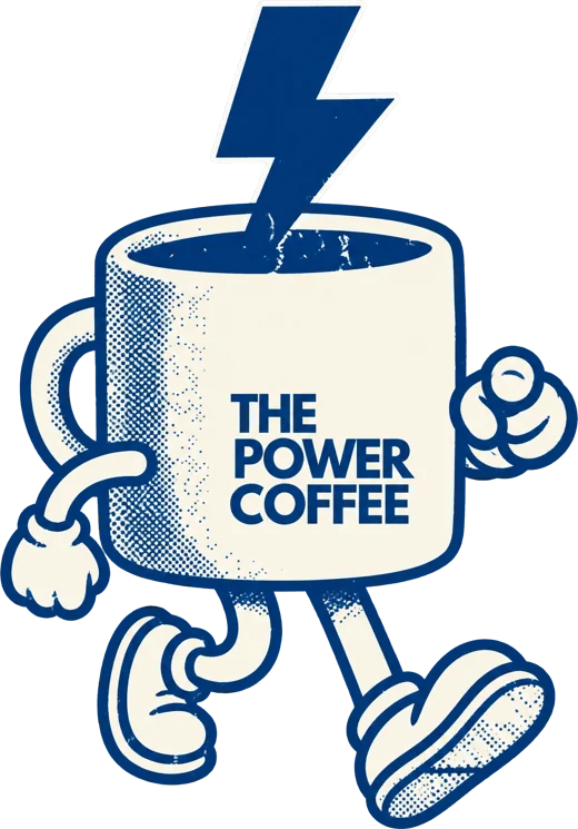 The Power Coffee mascot, a walking coffee mug