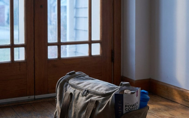 Gym bag and running shoes by the front door at dawn
